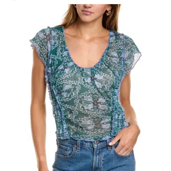 Free People Oh My Baby Tee Cropped Blouse Top Ruched Printed Cotton top - Picture 3 of 8